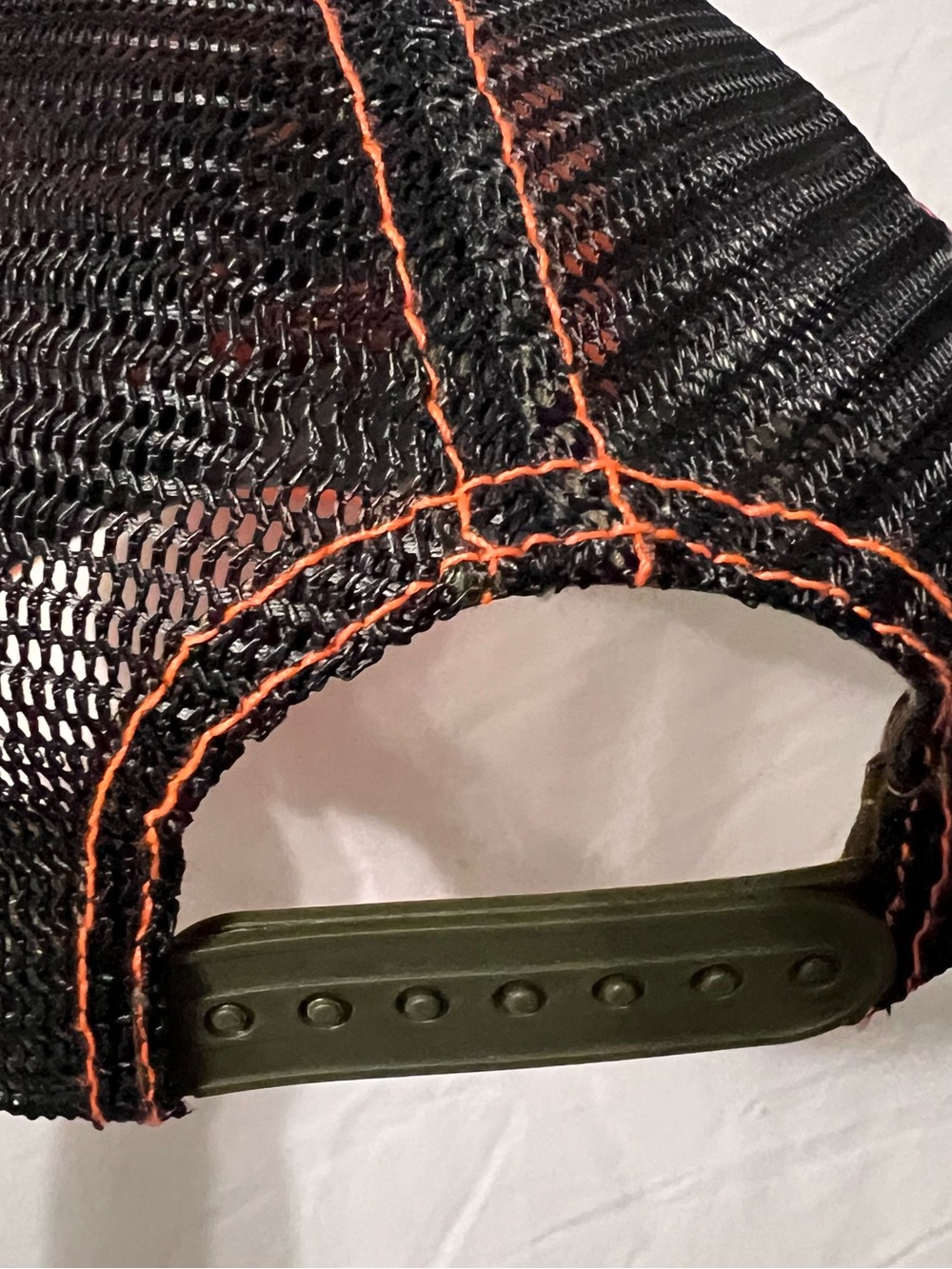 Men's Camo Trucker Hat in Green with Orange Stitching - Picture 2 of 4